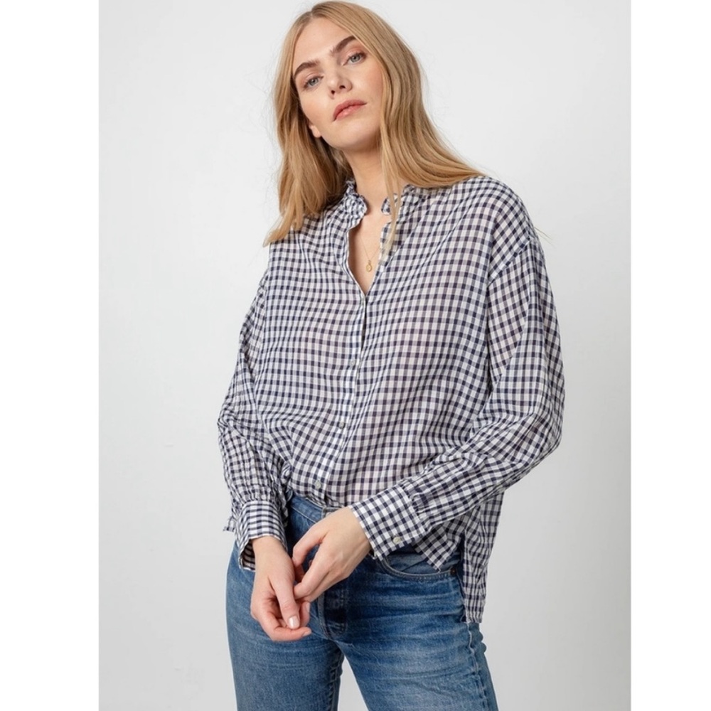 Rails Navy Gingham Poet Top With Subtle Ruffle Detail